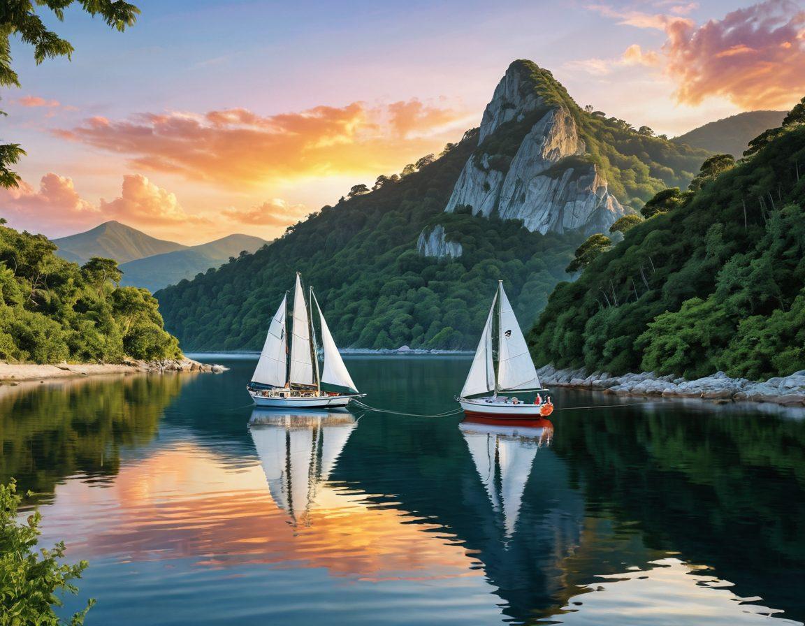 A serene coastal scene featuring a sturdy sailing boat anchored safely in calm waters, surrounded by lush greenery and distant hills. Include visual elements like a life preserver, a map of nautical routes, and a shield symbolizing protection. The sky should be bright and inviting, showcasing a vibrant sunset that casts a warm glow over the scene. super-realistic. vibrant colors. white background.