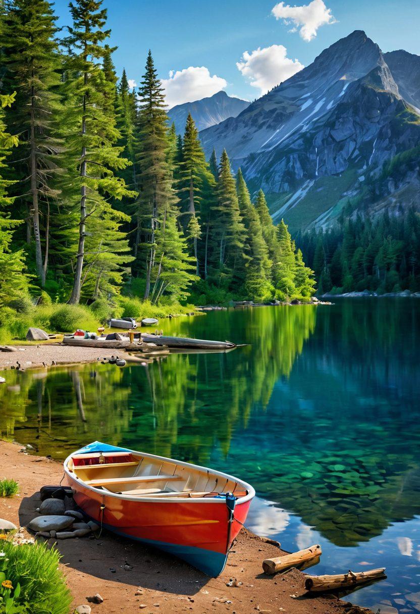 A serene lakeside scene featuring a colorful boat anchored near a campsite with a cozy tent and a crackling campfire. In the background, lush green mountains and a bright blue sky create a perfect outdoor getaway. Include subtle hints of insurance symbols like a shield or umbrella integrated within the natural elements to symbolize protection. super-realistic. vibrant colors. peaceful ambiance.